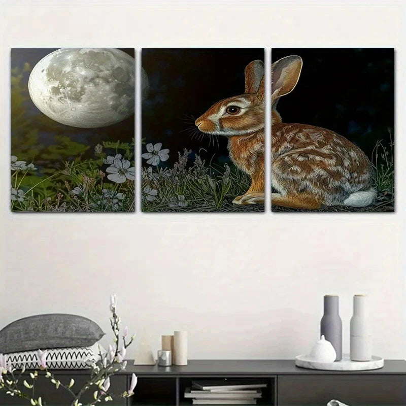3pcs Moon Rabbit Grass Flower Metal Print Ready to Hang Art