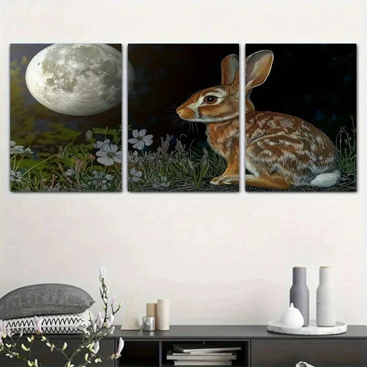 3pcs Moon Rabbit Grass Flower Metal Print Ready to Hang Art