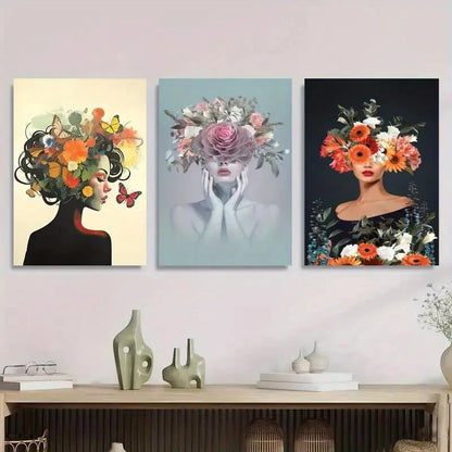 3pcs Abstract Portraits with Floral And Butterfly Metal Print Ready to Hang Art
