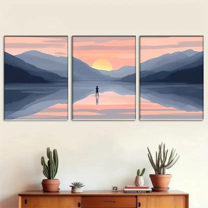 3pcs Sunset Lake - Romantic Landscape Painting Metal Print Ready to Hang Art