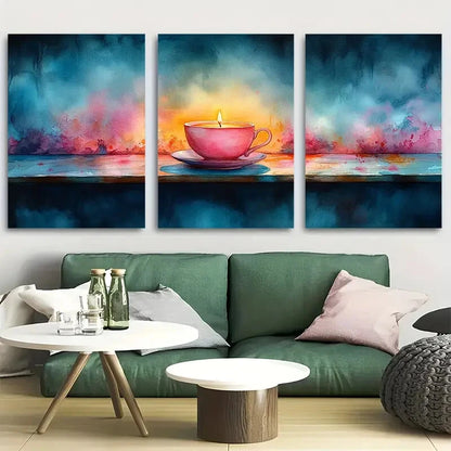3pcs Vibrant Pink Tea Cup Candle Watercolor Metal Print Ready to Hang Art