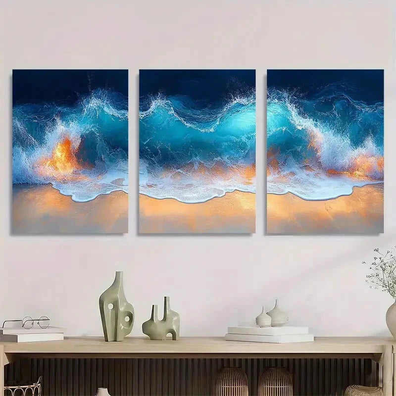 3pcs Modern Ocean Style Color Wave Metal Print Ready to Hang Art