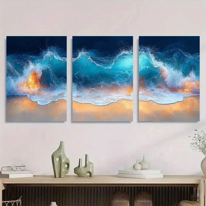 3pcs Modern Ocean Style Color Wave Metal Print Ready to Hang Art
