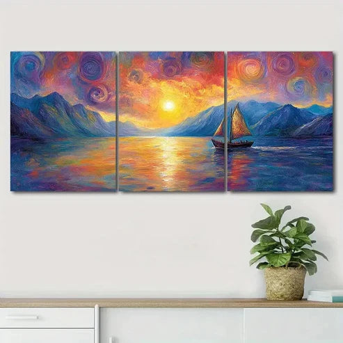 3pcs Boat Navigating On The River Perfect Wall Art Canvas Unframed - High Quality Print 100% Australian Made Wall Canvas