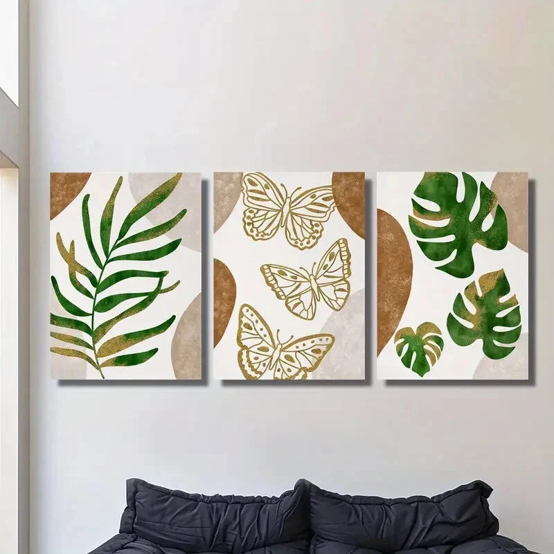 3pcs Modern Botanical & Butterfly Metal Print Ready to Hang Art