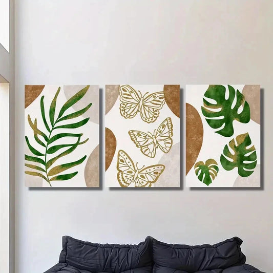 3pcs Modern Botanical & Butterfly Metal Print Ready to Hang Art