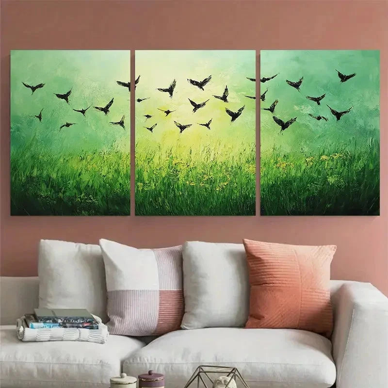 3pcs Green Landscape Birds ature Meadow Metal Print Ready to Hang Art