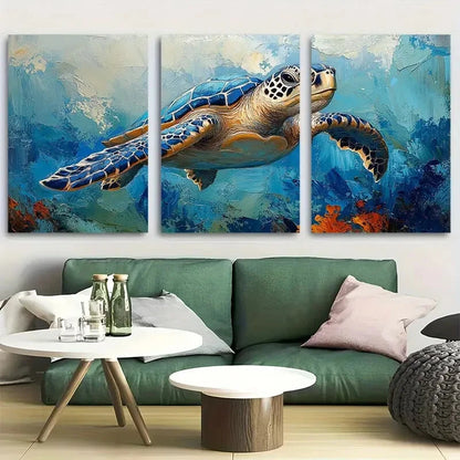 3pcs Sea Turtle Swimming with Intricate Shell Metal Print Ready to Hang Art