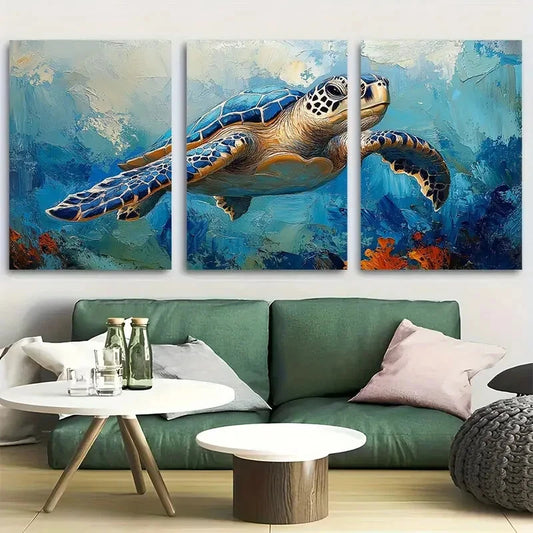 3pcs Sea Turtle Swimming with Intricate Shell Metal Print Ready to Hang Art