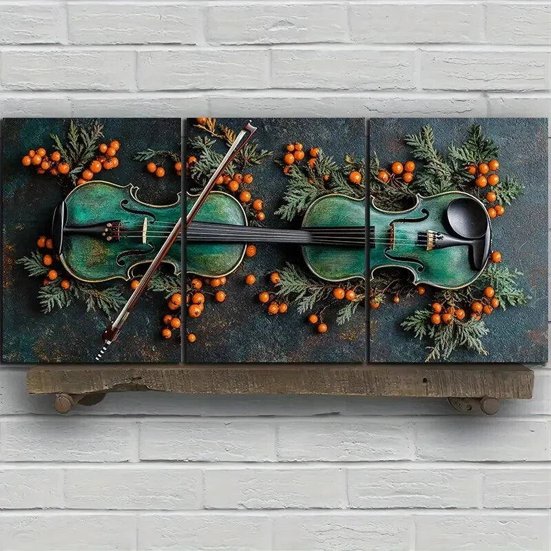 3pcs Chic Cello Trio Green Music Guitar Metal Print Ready to Hang Art