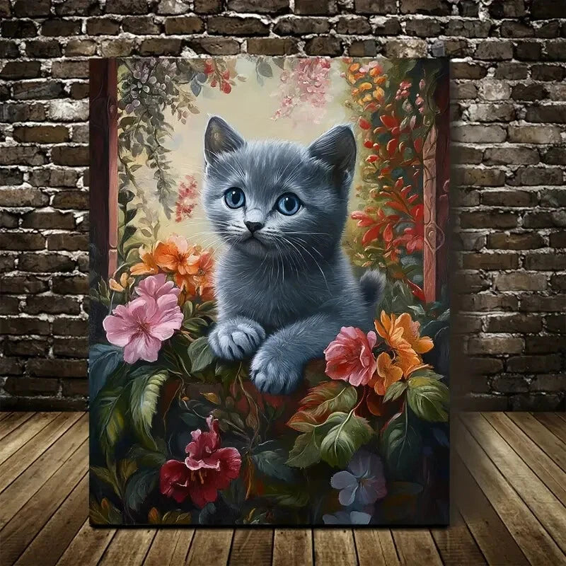 Cute Russian Blue Kitten with Vibrant Flowers  40x60cm Metal Print Ready to Hang