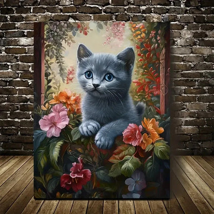 Cute Russian Blue Kitten with Vibrant Flowers  40x60cm Metal Print Ready to Hang