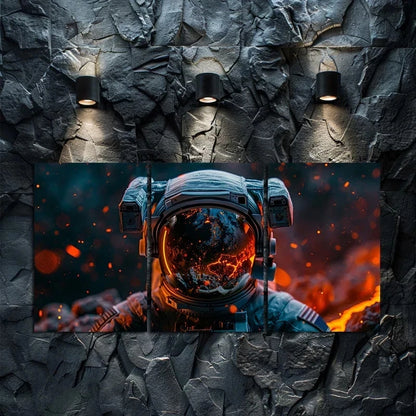 3pcs Astronaut Helmet Earth Lava Reflection Metal Print Ready to Hang Art