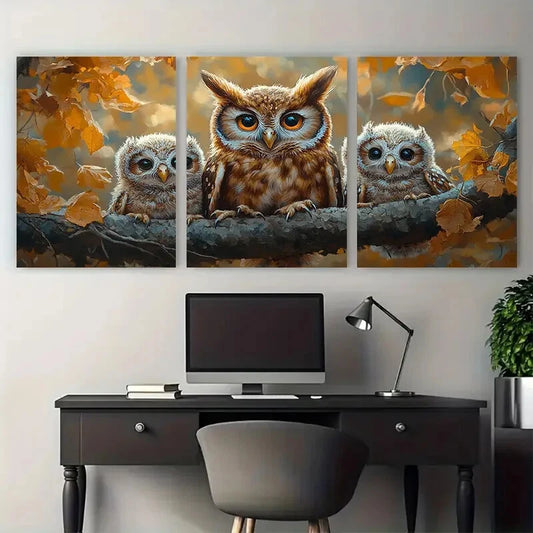 3pcs Adorable Baby Owl Family On Branch Metal Print Ready to Hang Art
