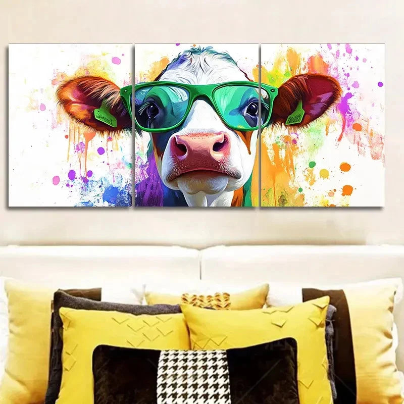 3pcs Cute cow wearing green glasses Wall Art Set Canvas Framed 50x70cm - High Quality Print 100% Australian Made Wall Canvas Ready to Hang