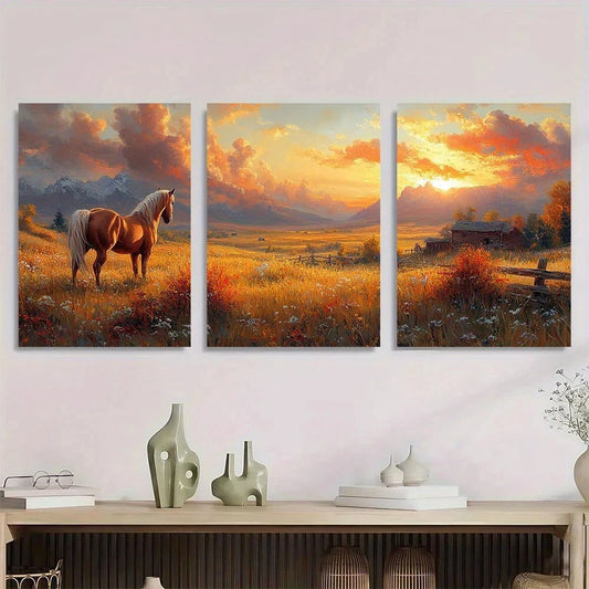 3pcs Vibrant Horse and Cowboy Scene Metal Print Ready to Hang Art