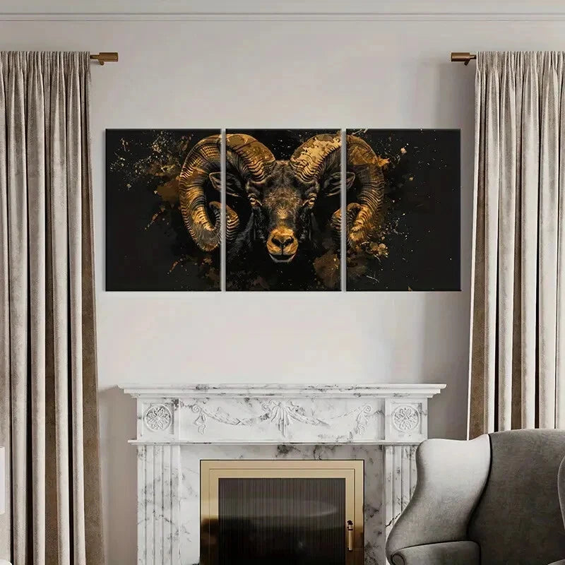 3pcs Abstract Golden Ram Artistic Splatter Metal Print Ready to Hang Art