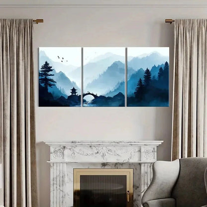 3pcs Traditional Bridge Mountain Scenery Metal Print Ready to Hang Art