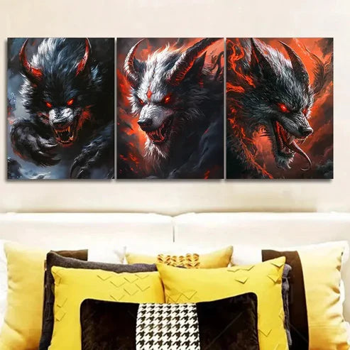 3pcs Dramatic Black & Orange Wolf Illustration Wall Art Set Canvas Unframed - High Quality Print 100% Australian Made Wall Canvas