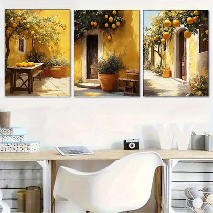 3pcs Rustic Mediterranean Orange Tree Metal Print Ready to Hang Art