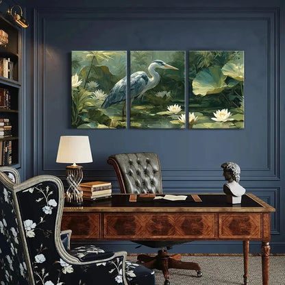 3pcs Heron Waterlily Pond Nature Landscape Metal Print Ready to Hang Art