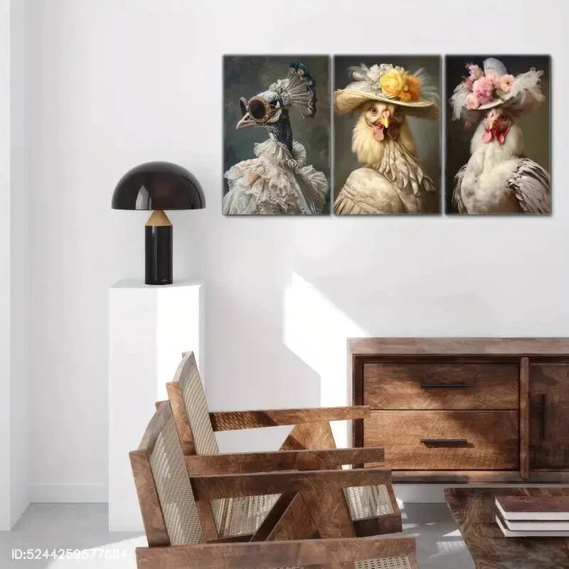 3pcs Noblewoman Peacock Chicken Royal Animal Metal Print Ready to Hang Art