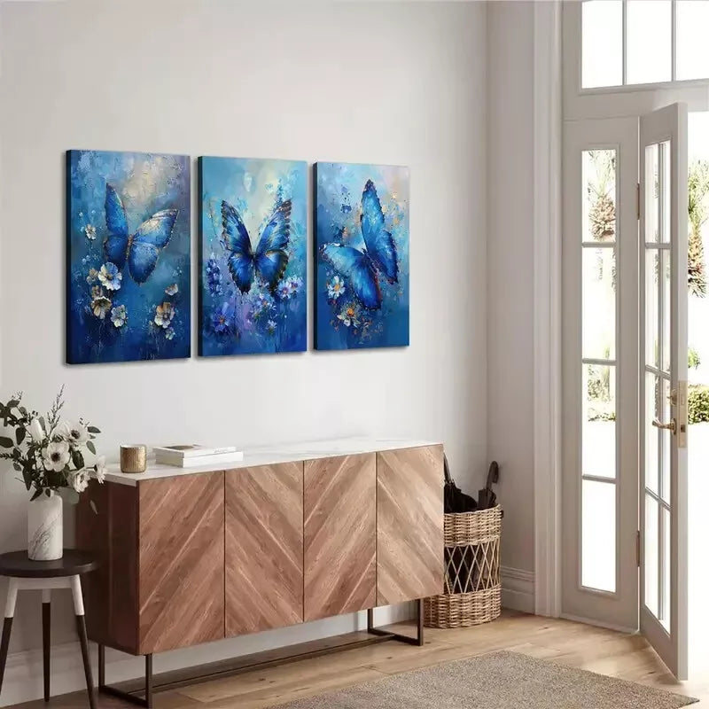 3pcs Blue Floral & Butterfly  Wall Art Set Canvas Framed 50x70cm - High Quality Print 100% Australian Made Wall Canvas Ready to Hang - Bella Home Decor