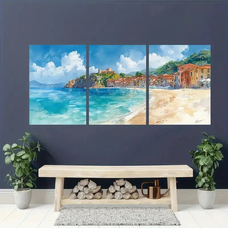 3pcs Italian Landscape Watercolor Coastal Town Metal Print Ready to Hang Art