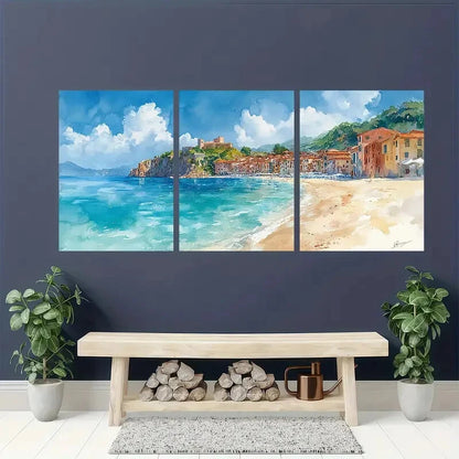3pcs Italian Landscape Watercolor Coastal Town Metal Print Ready to Hang Art