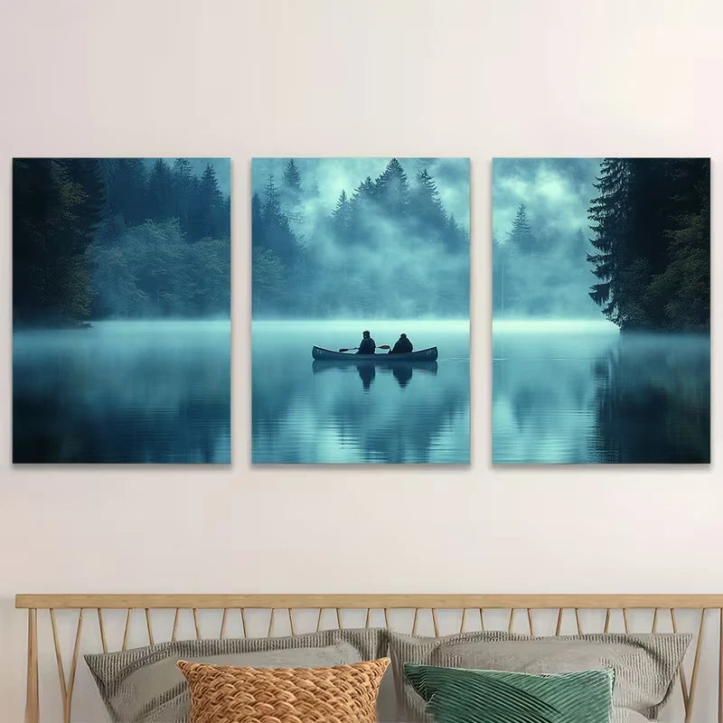 3pcs Misty Lake Blue Green Atmosphere  Wall Art Set Canvas Framed 60x90cm - High Quality Print 100% Australian Made Wall Canvas Ready to Hang