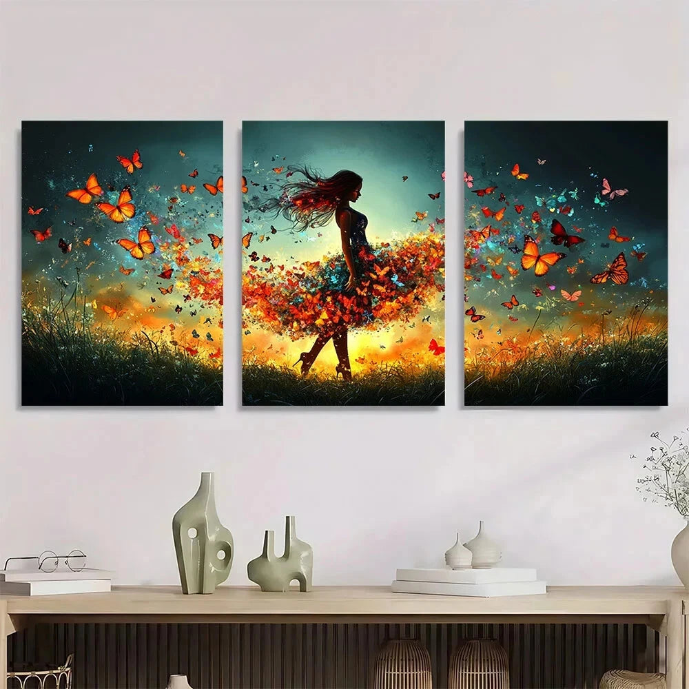 3pcs Vibrant Butterfly Abstract Girl with Colorful Metal Print Ready to Hang Art