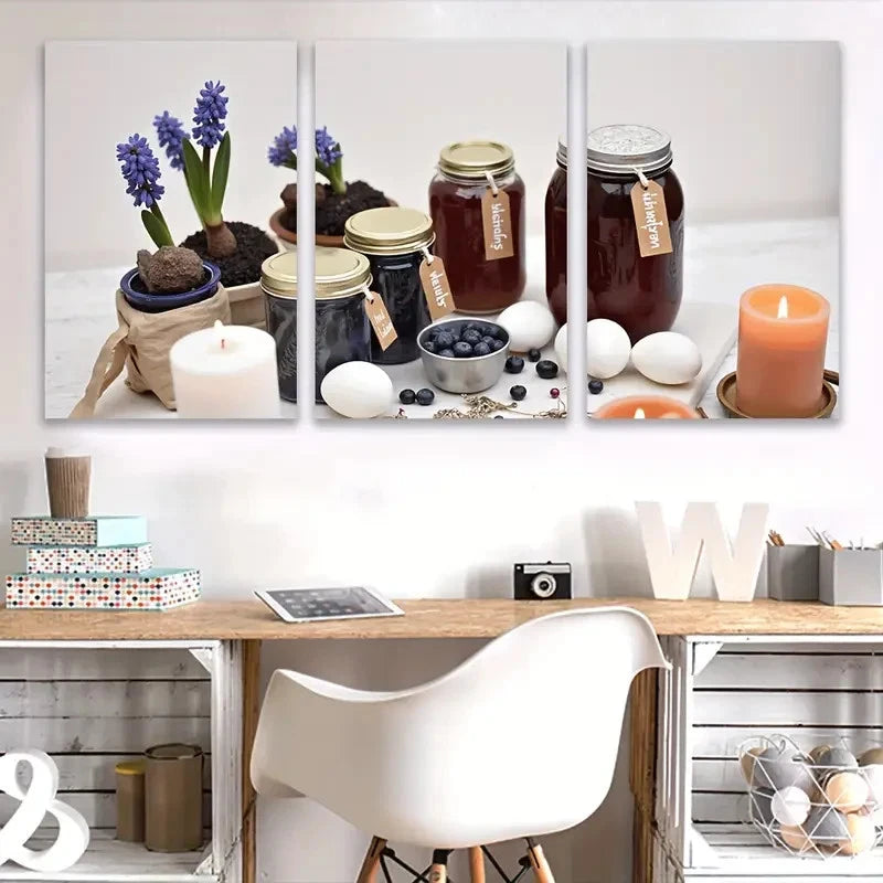 3pcs Table with a vase of flowers and jars Wall Art Set Canvas Framed 60x90cm - High Quality Print 100% Australian Made Wall Canvas Ready to Hang