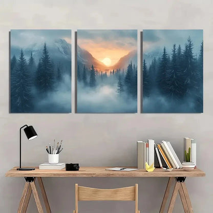 3pcs Misty Forest and Silhouette Trees Landscape Metal Print Ready to Hang Art
