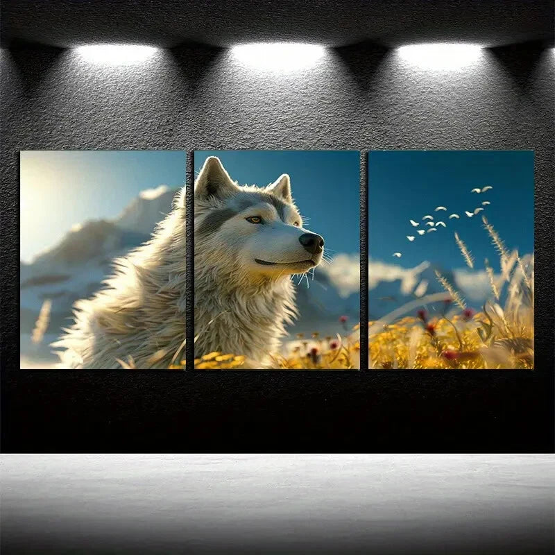 3pcs Husky Dog with Mountain and Floral View Metal Print Ready to Hang Art