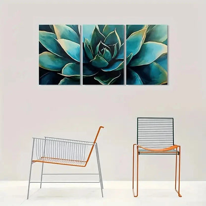 3pcs Abstract Succulent Blue & Green Textured Metal Print Ready to Hang Art