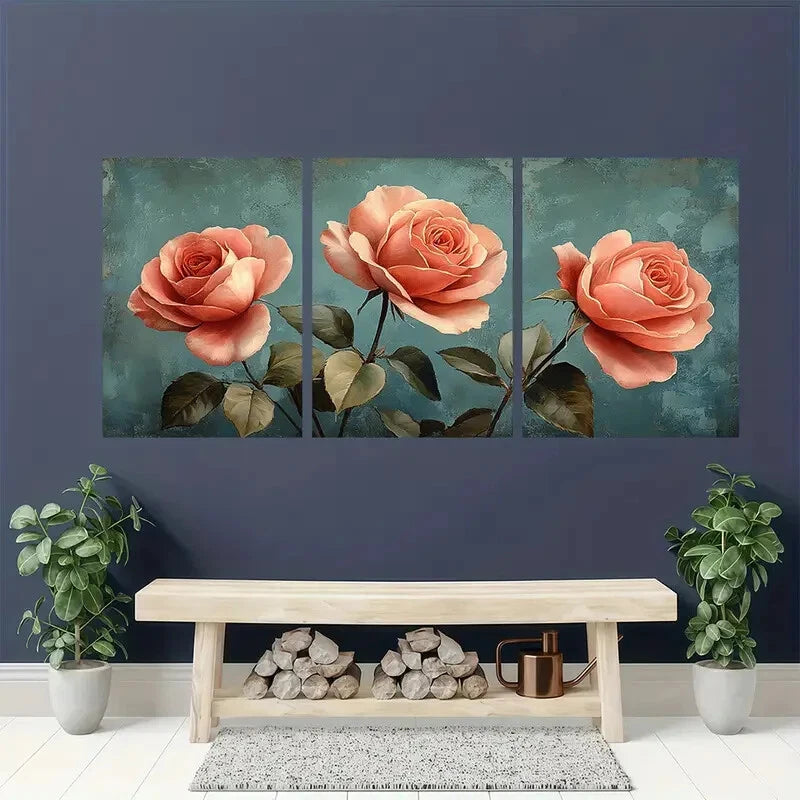 3pcs e Rose Botanical Floral Horizontal Art Metal Print Ready to Hang Art