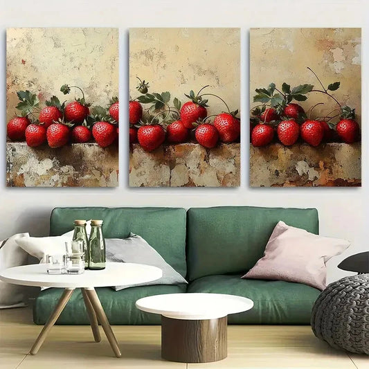 3pcs Vibrant Red Strawberries on Textured Design Metal Print Ready to Hang Art