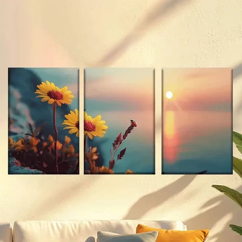 3pcs Flowers on the sunset coast Wall Art Set Canvas Unframed - High Quality Print 100% Australian Made Wall Canvas