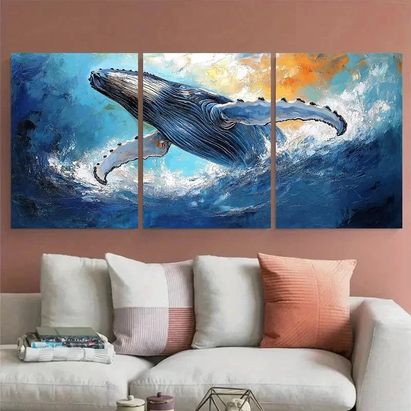 3pcs Humpback Whale Impasto Ocean Design Wall Art Set Canvas Framed 50x70cm - High Quality Print 100% Australian Made Wall Canvas Ready to Hang