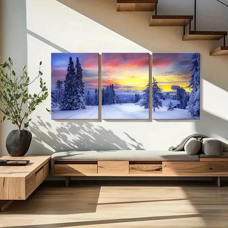 3pcs Snow Woods Colorful Sky Modern Wall Art Set Canvas Framed 40x60cm - High Quality Print 100% Australian Made Wall Canvas Ready to Hang