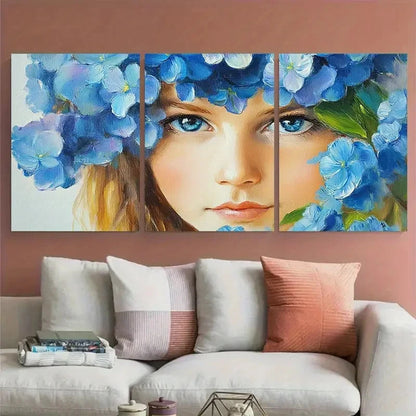 3pcs Hydrangea Flower Girl Portrait Illustration Metal Print Ready to Hang Art