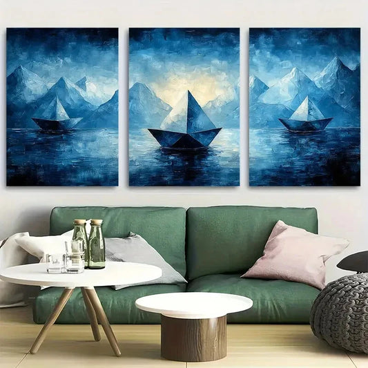 3pcs Simplistic Polygonal Nautical Boats Metal Print Ready to Hang Art