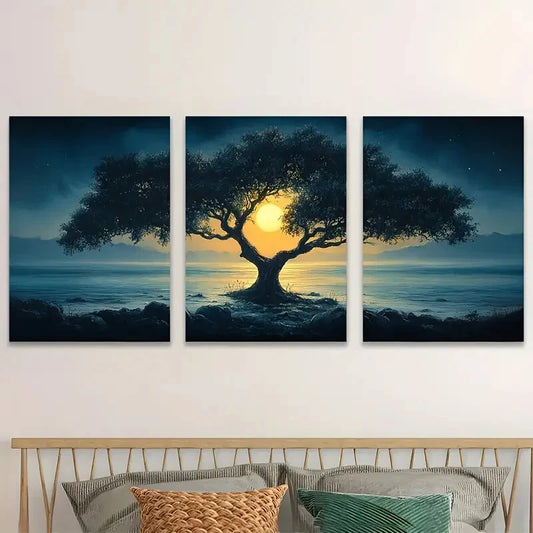 3pcs Tree In The Moonlight Cool Décor Perfect Wall Art Set Canvas Framed 40x60cm - High Quality Print 100% Australian Made Wall Canvas Ready to Hang
