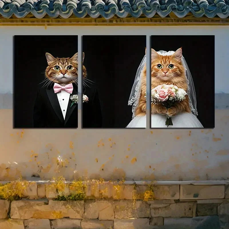 3pcs Two Cats wearing Wedding Dresses with Florals Metal Print Ready to Hang Art