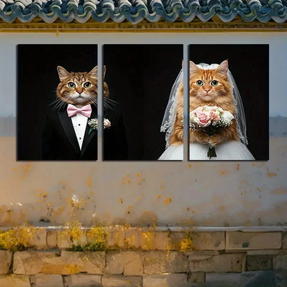 3pcs Two Cats wearing Wedding Dresses with Florals Metal Print Ready to Hang Art