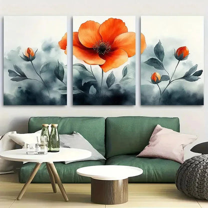 3pcs Blooming Watercolor Orange Flower Metal Print Ready to Hang Art