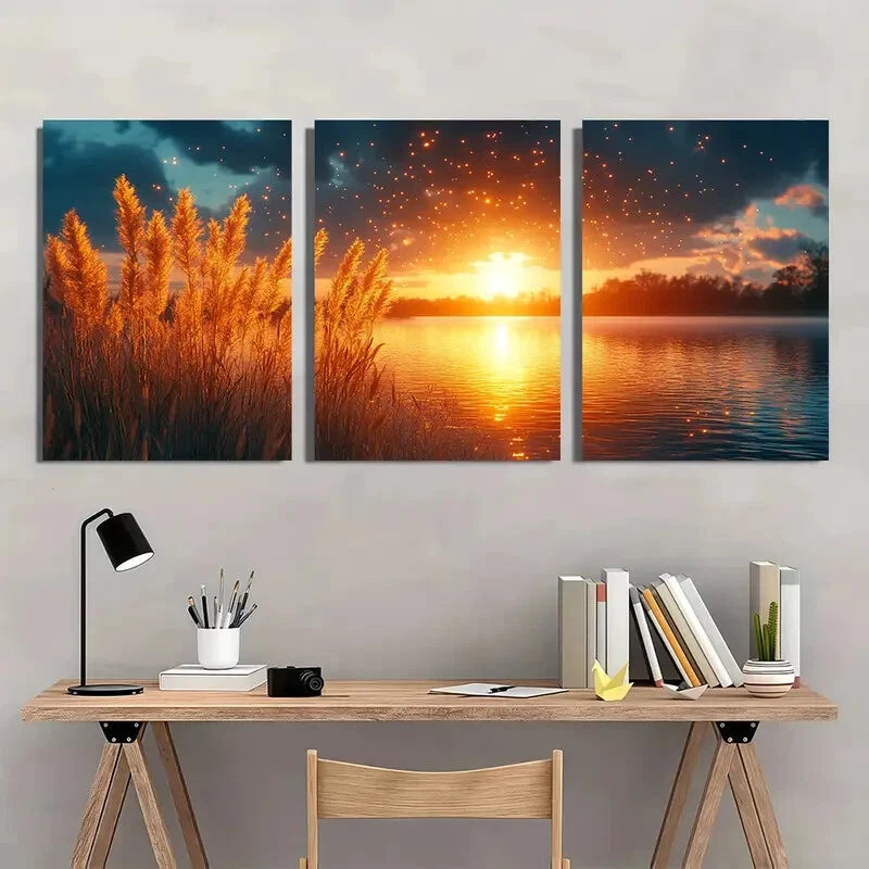 3pcs Golden Sunset Teal Sky & Silhouetted Grass Metal Print Ready to Hang Art