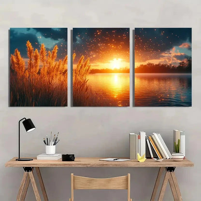 3pcs Golden Sunset Teal Sky & Silhouetted Grass Metal Print Ready to Hang Art