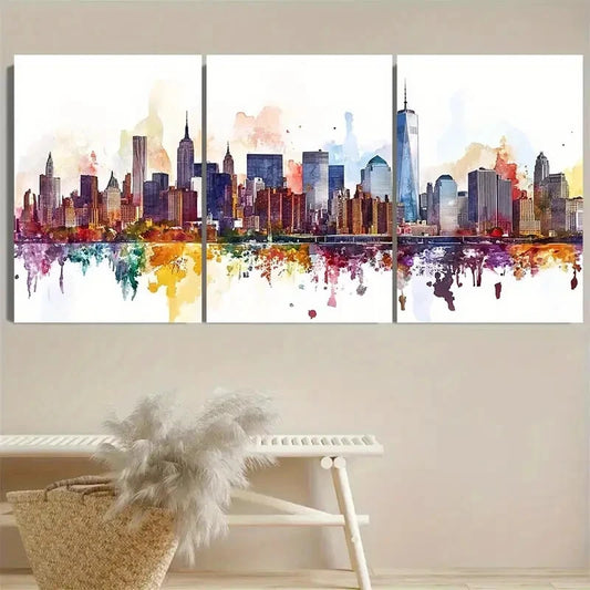3pcs Vibrant New York Skyline Illustration Metal Print Ready to Hang Art