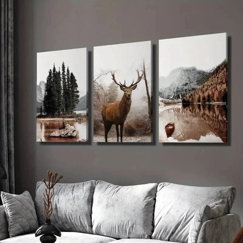 3pcs Mountain Calm Lake Boat And a Stag Wall Art Set Canvas Framed 40x60cm - High Quality Print 100% Australian Made Wall Canvas Ready to Hang